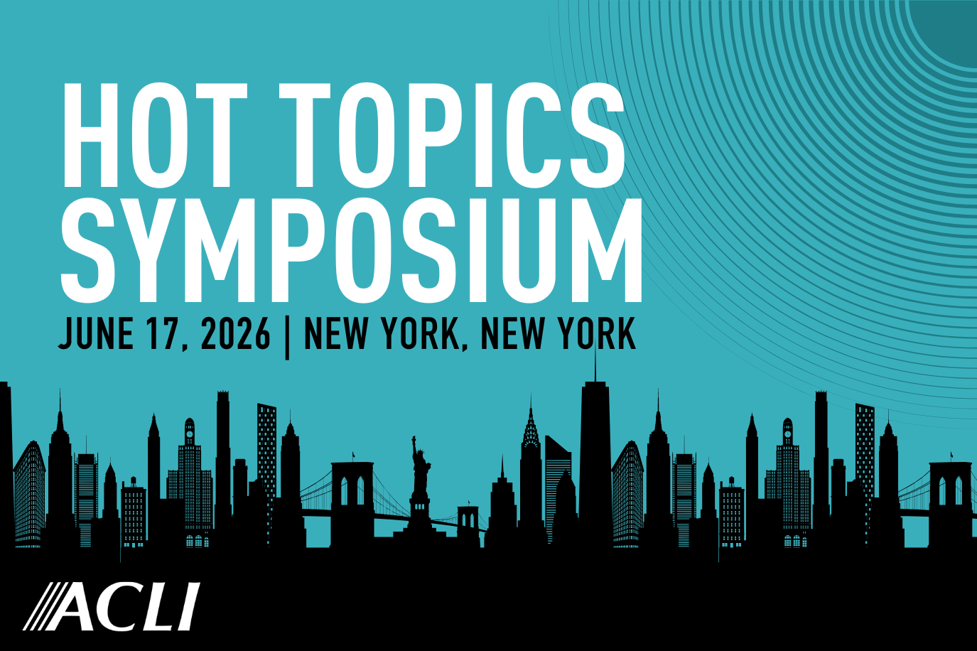 Text includes title, date, and location and background is a skyline.